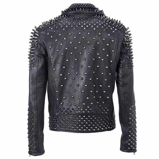 EMO Punk Rock Silver Black Studded Leather Jacket back
