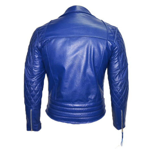 Electric Blue USA Cafe Racer Moto Leather Jacket back view