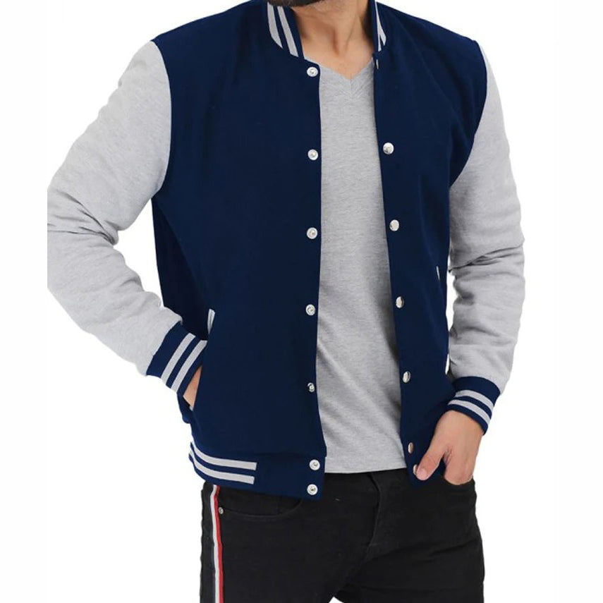 Grey And Blue Baseball-Style Varsity Jacket For Men