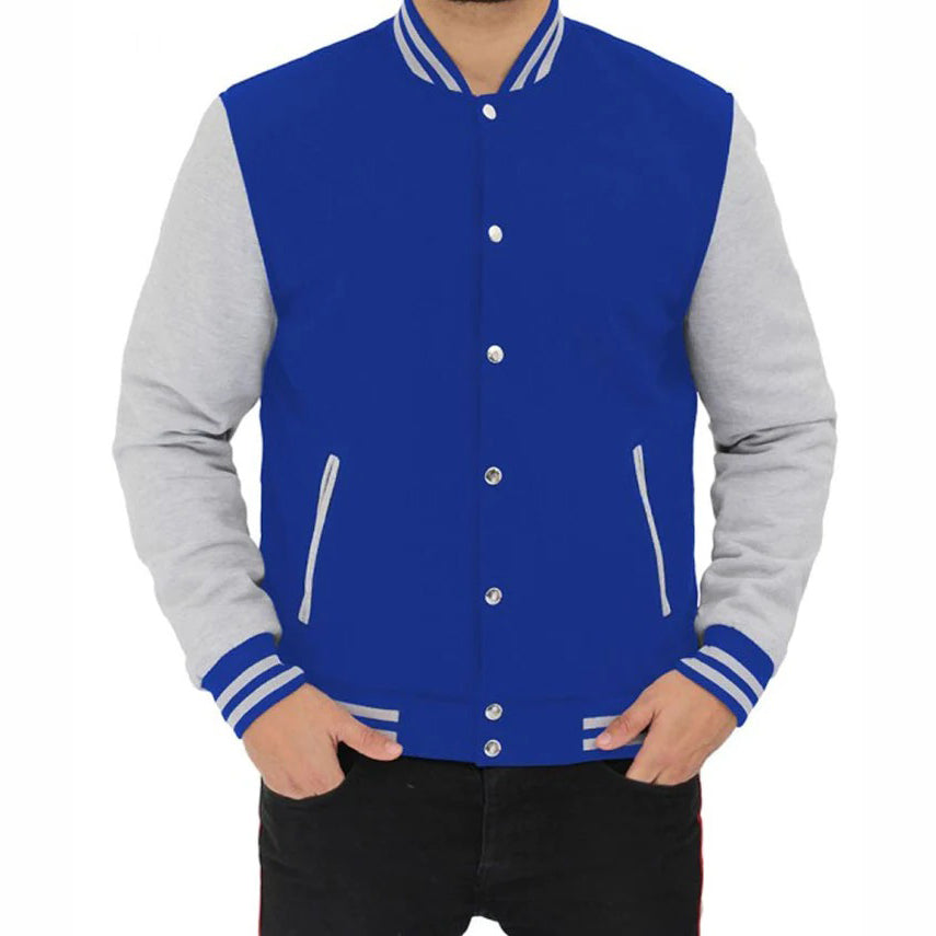 Grey And Royal Blue Baseball-Style Varsity Jacket For Men