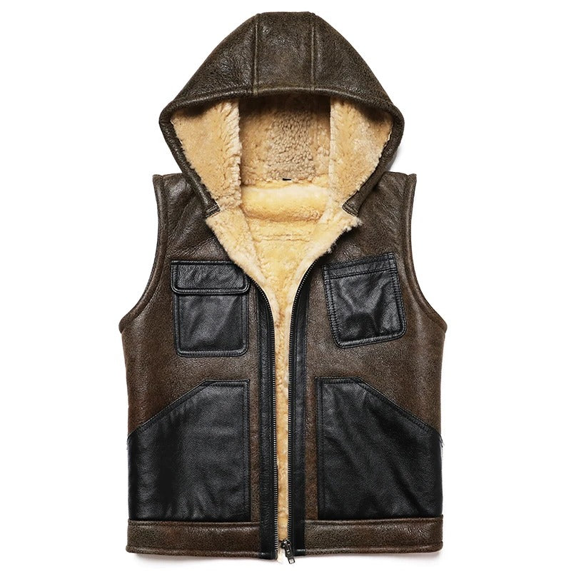 Hooded Shearling Leather Vest for Men