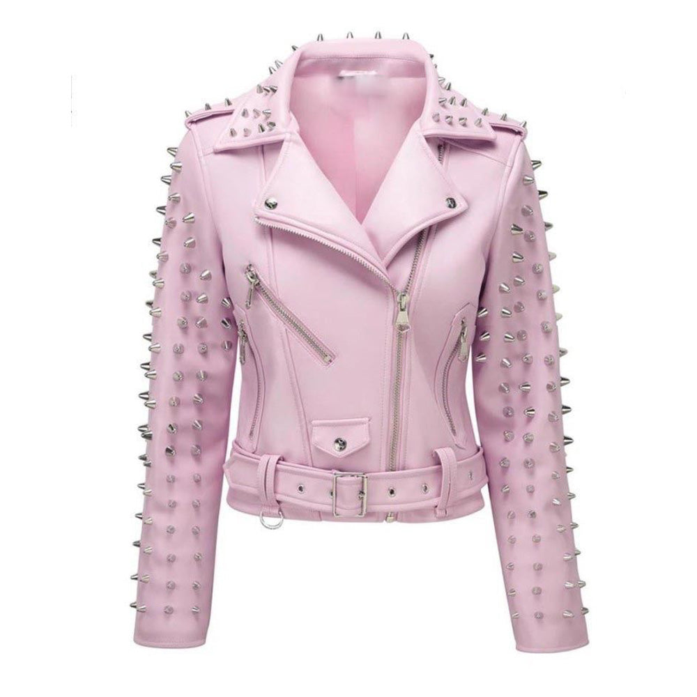 Hot Pink Studs Leather Jacket - Women Plus Size Punk Jacket