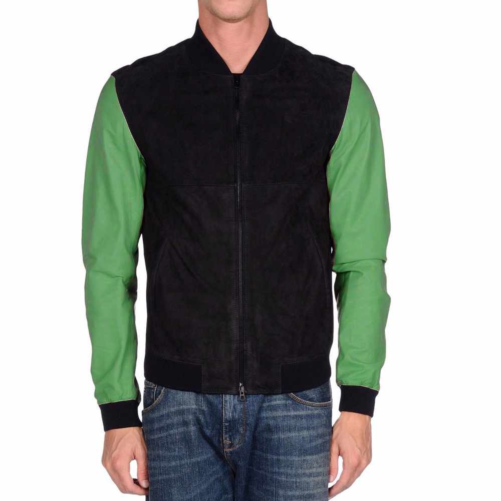 Letterman Varsity Leather Motorcycle Fashion Jacket Mens in black and green