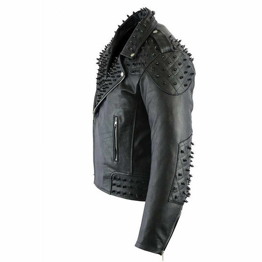 Me Black Punk Studded Biker Leather Jacket side view