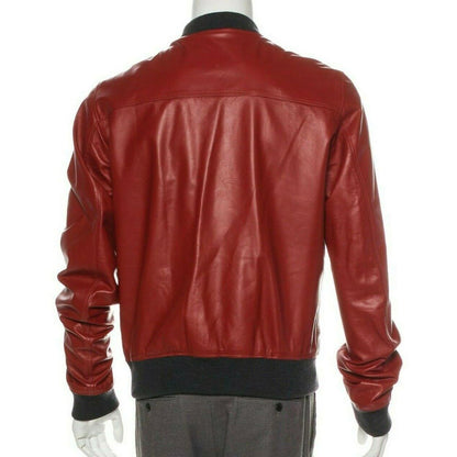 Men Fashion Lambskin Red Leather Bomber Jacket