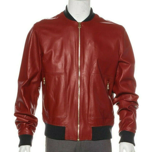 Men Fashion Lambskin Red Leather Bomber Jacket