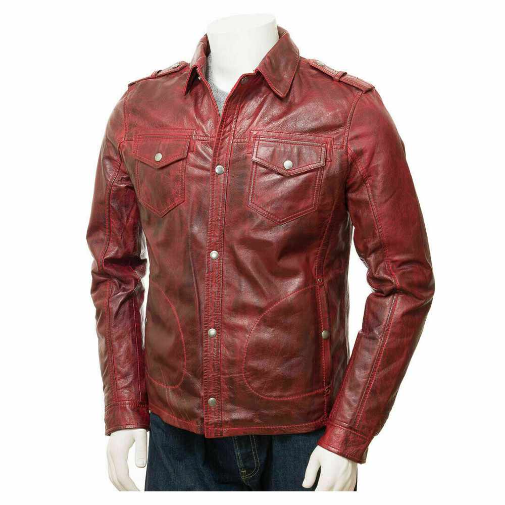 Men Distressed Red Leather Long Sleeve Biker Shirt