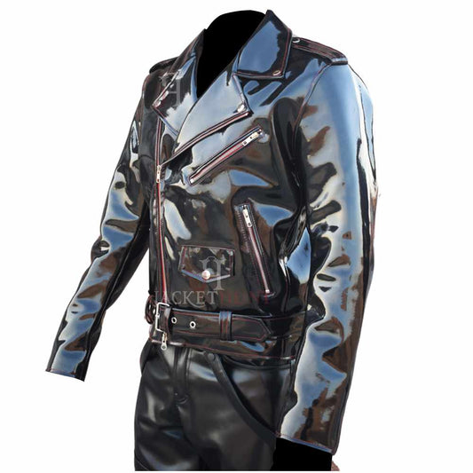 Men’s EMO Gothic PVC Biker Jacket with Red Stitching