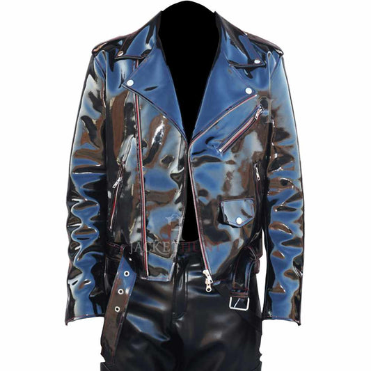 Men’s EMO Gothic PVC Biker Jacket with Red Stitching