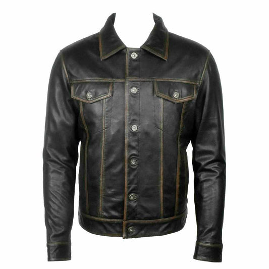 Men Long Sleeve Classic Black Leather Shirt
