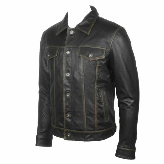 Men Long Sleeve Classic Black Leather Shirt