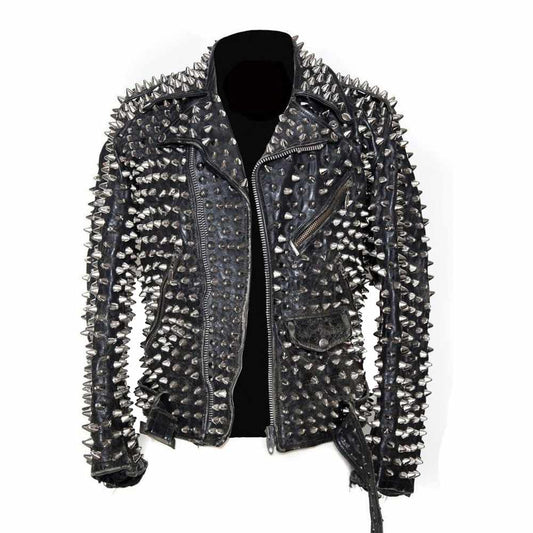 Men’s Punk Studded Black Leather Motorcycle Jacket
