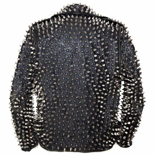 Men’s Punk Studded Black Leather Motorcycle Jacket back