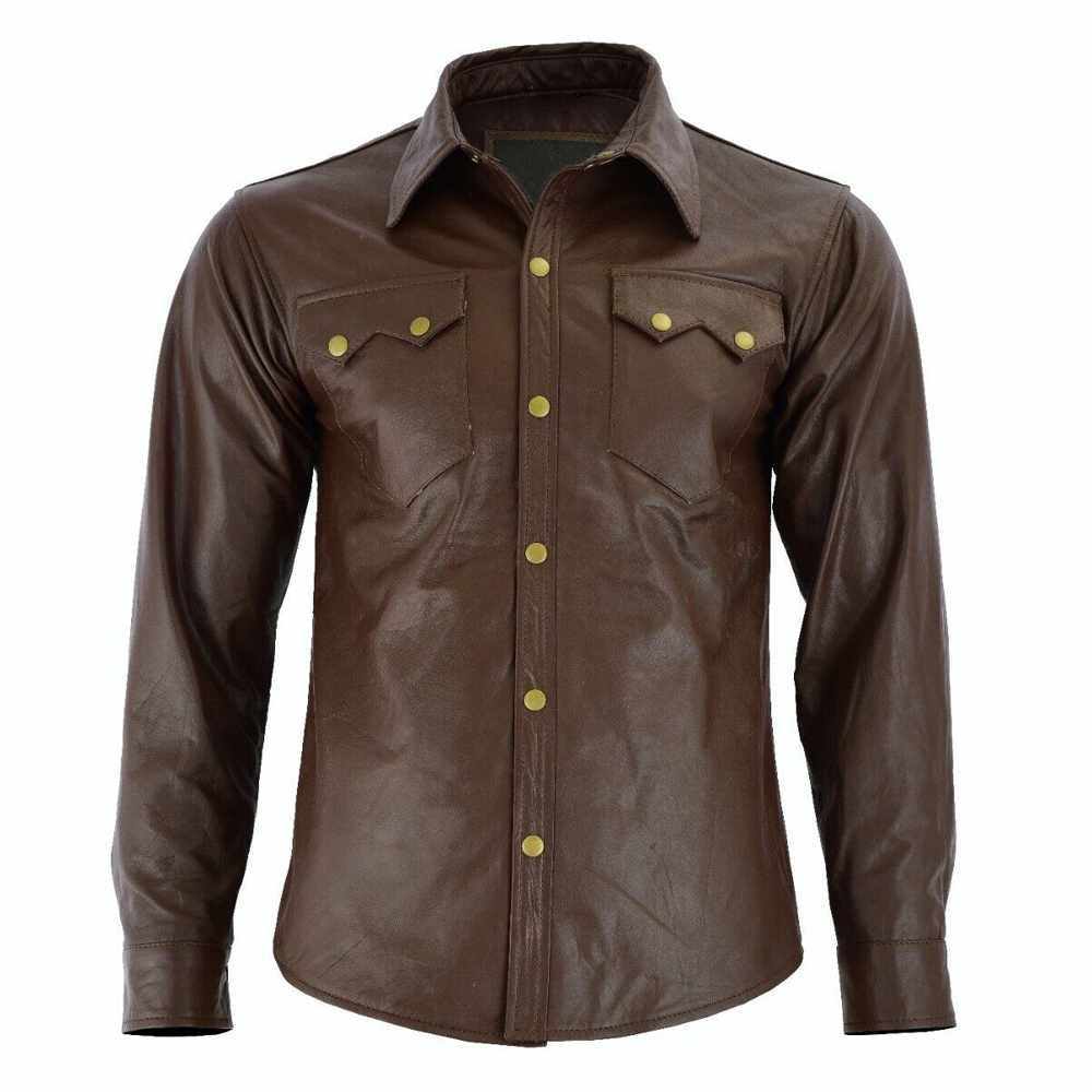 Men Soft Brown Long Sleeve Slim Fit Leather Shirt