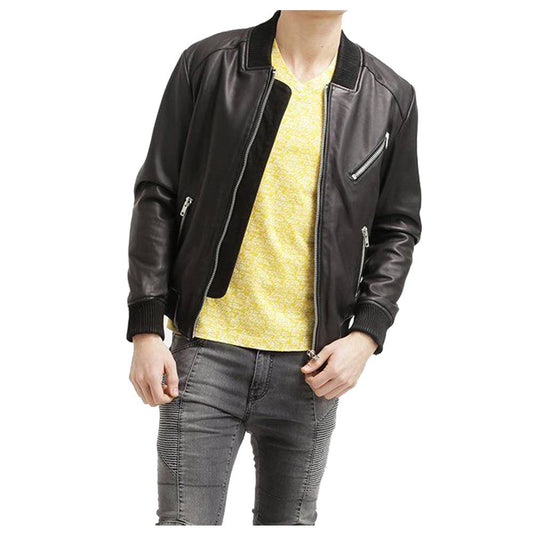 Men American Bomber Leather Jacket front open