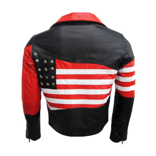 Men American flag Biker Leather Jacket back view