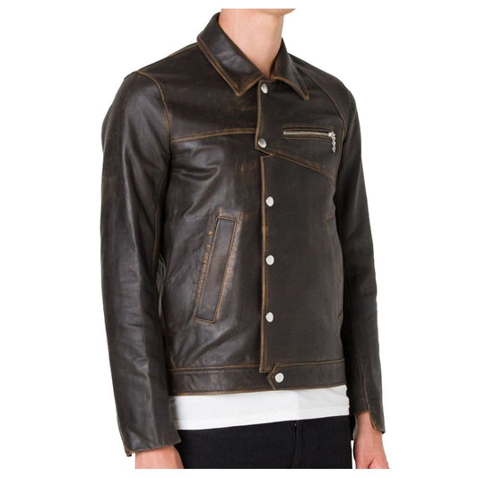 Men Black Biker Brown Shade Leather Jacket