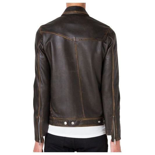 Men Black Biker Brown Shade Leather Jacket back