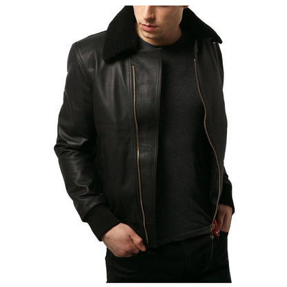 Men Black Bomber Leather Jacket front open