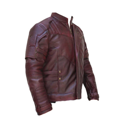 Men Burgundy Lapel Strips Military Leather Jacket side