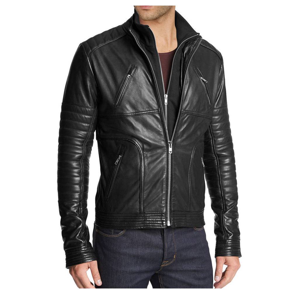 Men Zipper Black Leather Jacket