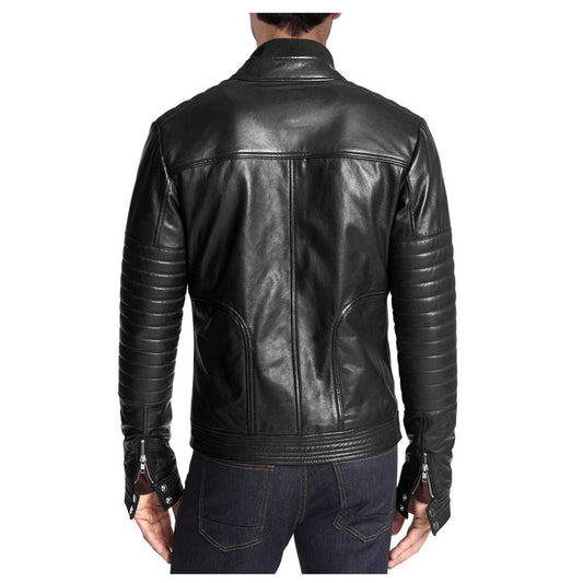 Men Zipper Black Leather Jacket