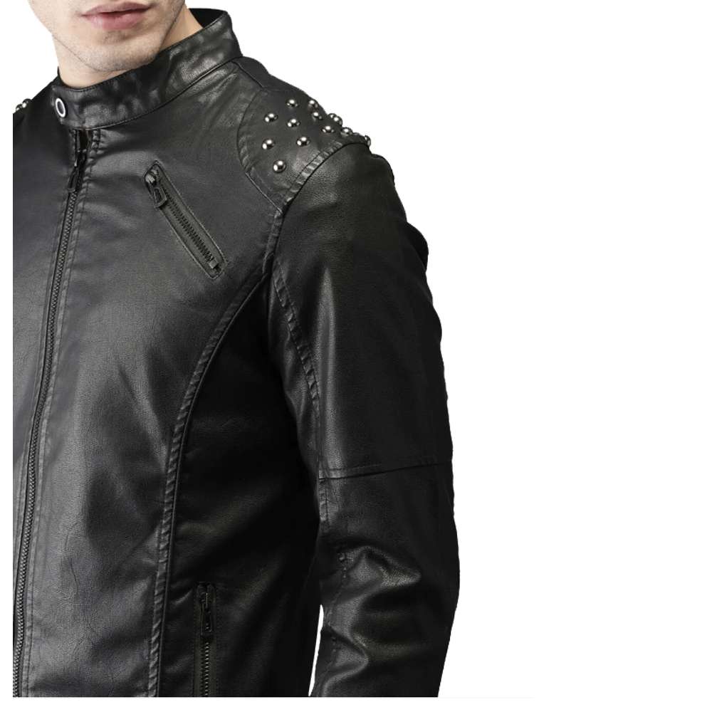 Men's Black Biker Tab Collar Real Leather Jacket Studded