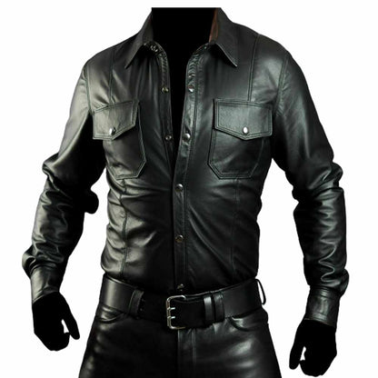 Men's Hot Police Officer Uniform Black Leather Shirt
