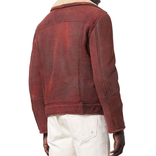 Men's Motorbike Shearling Burgundy Suede Leather Jacket