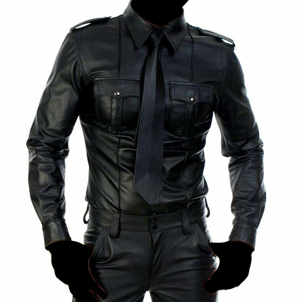 Men's Police Officer Nightclub Uniform Black Leather Shirt