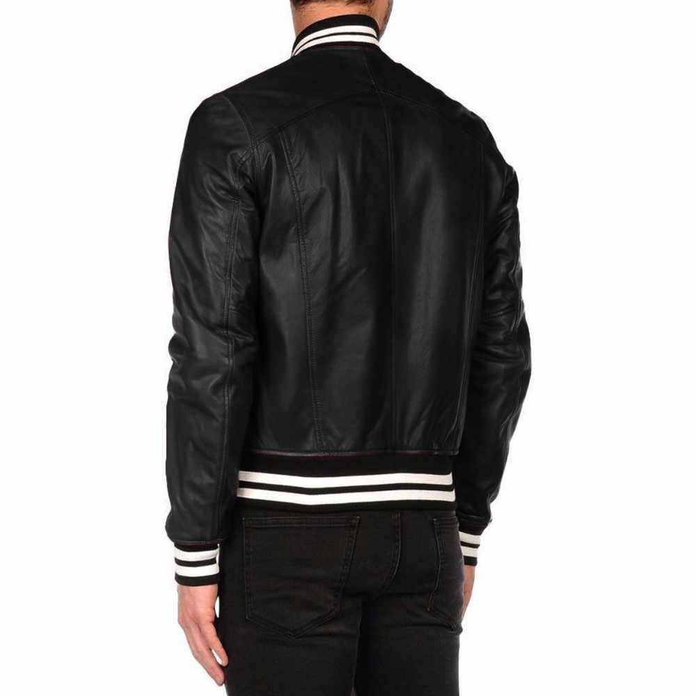 Men’s Varsity Letterman Leather Bomber Jacket in Black