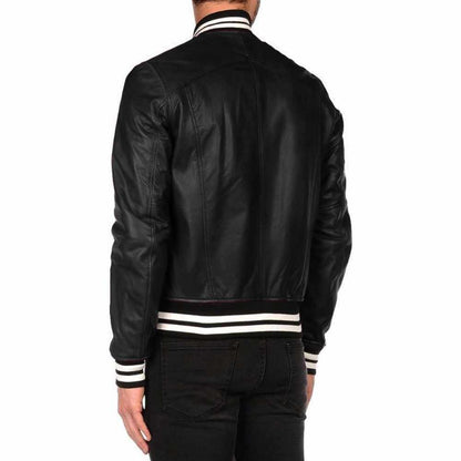 Men’s Varsity Letterman Leather Bomber Jacket in Black