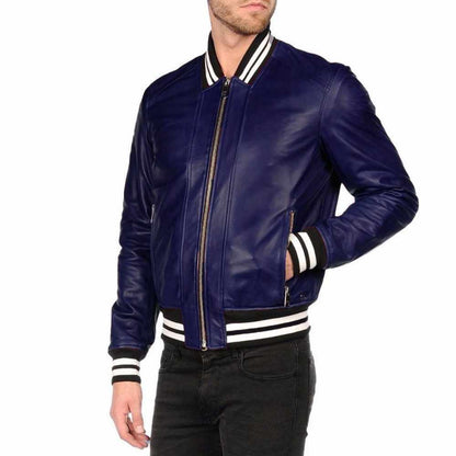 Men’s Varsity Letterman Leather Bomber Jacket in Blue