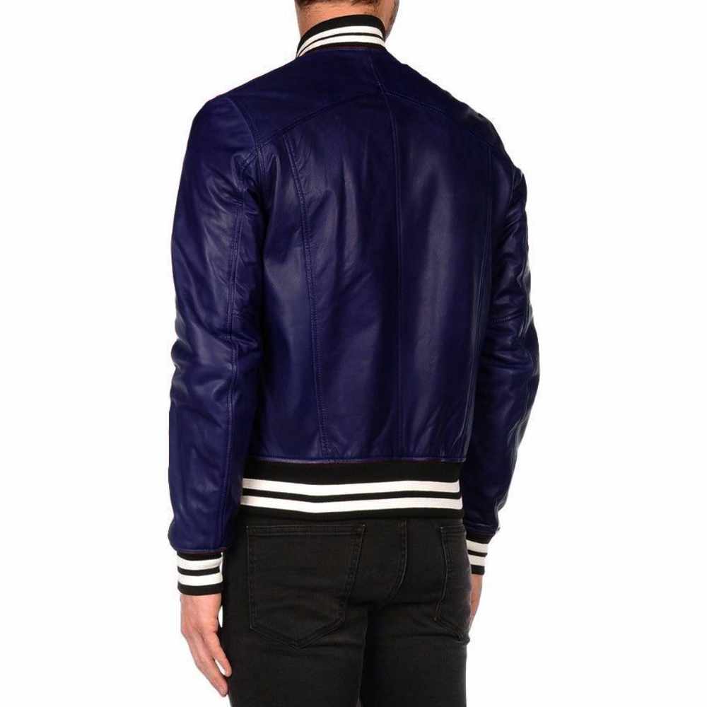 Men’s Varsity Letterman Leather Bomber Jacket in Blue back