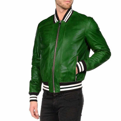 Men’s Varsity Letterman Leather Bomber Jacket in Green
