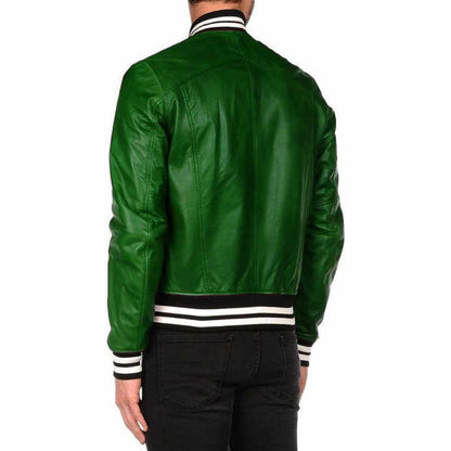 Men’s Varsity Letterman Leather Bomber Jacket in Green Back