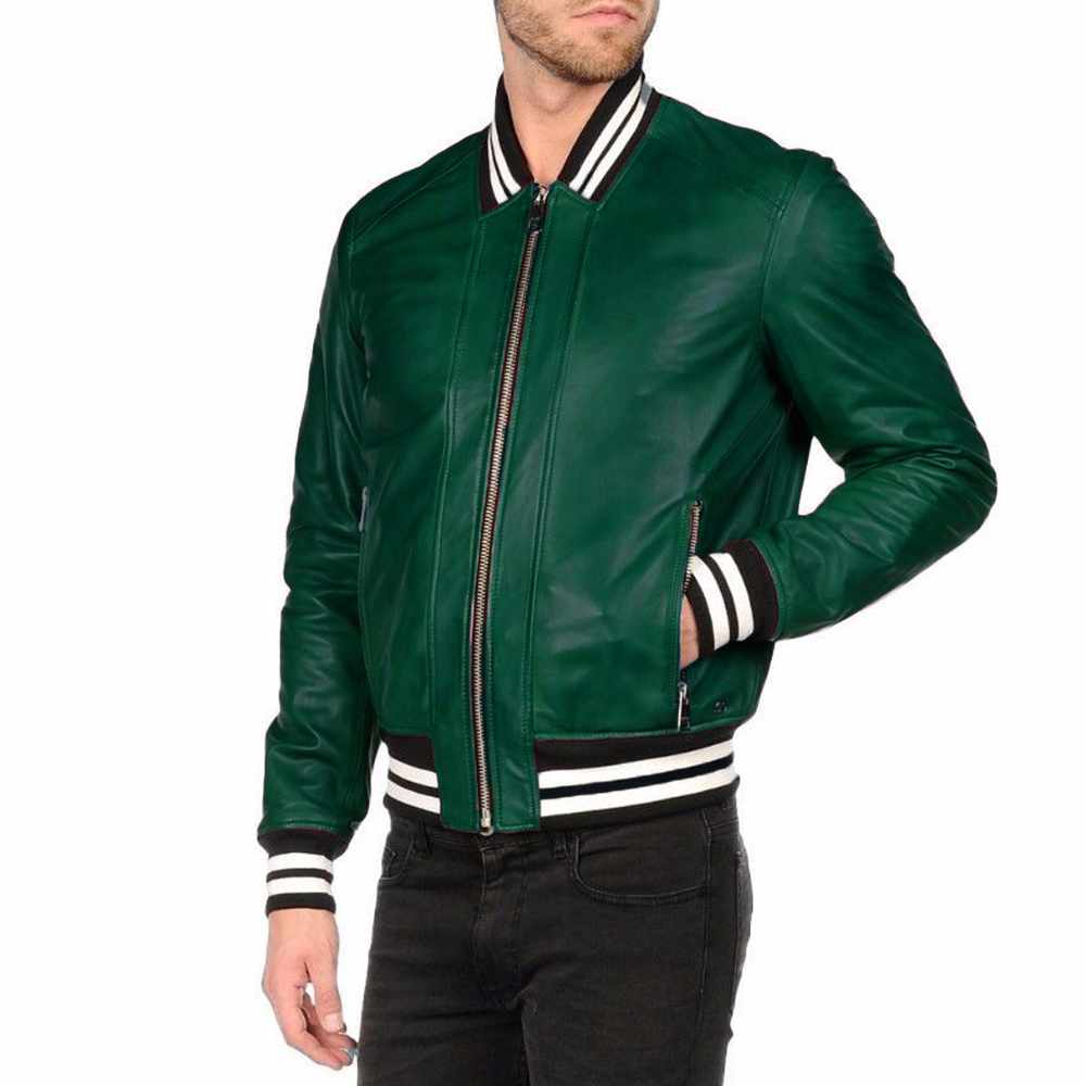 Men’s Varsity Letterman Leather Bomber Jacket in Mix Green