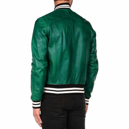 Men’s Varsity Letterman Leather Bomber Jacket in Mix Green Back