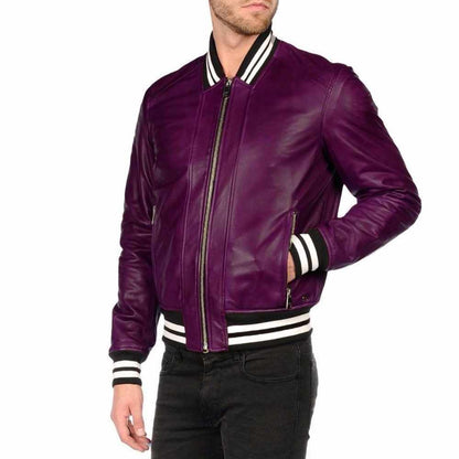 Men’s Varsity Letterman Leather Bomber Jacket in Purple
