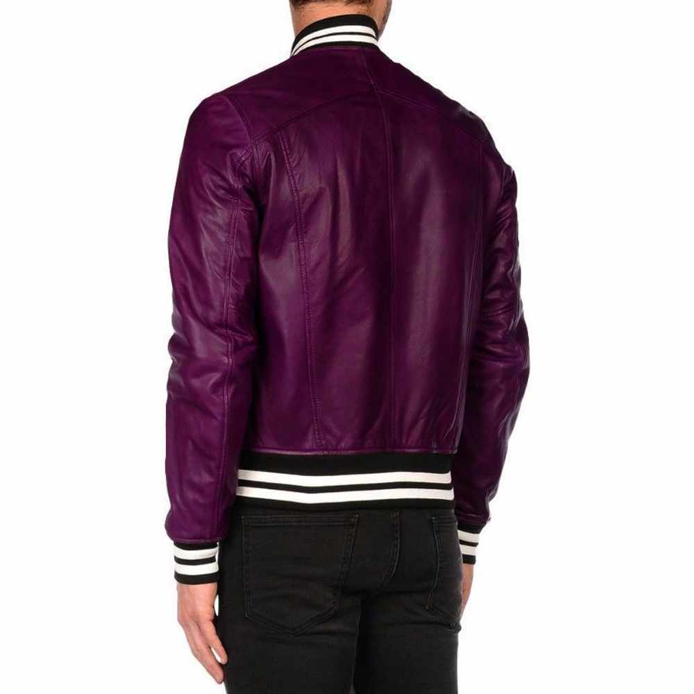 Men’s Varsity Letterman Leather Bomber Jacket in Purple Back