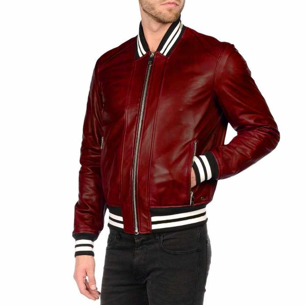 Men’s Varsity Letterman Leather Bomber Jacket in Red