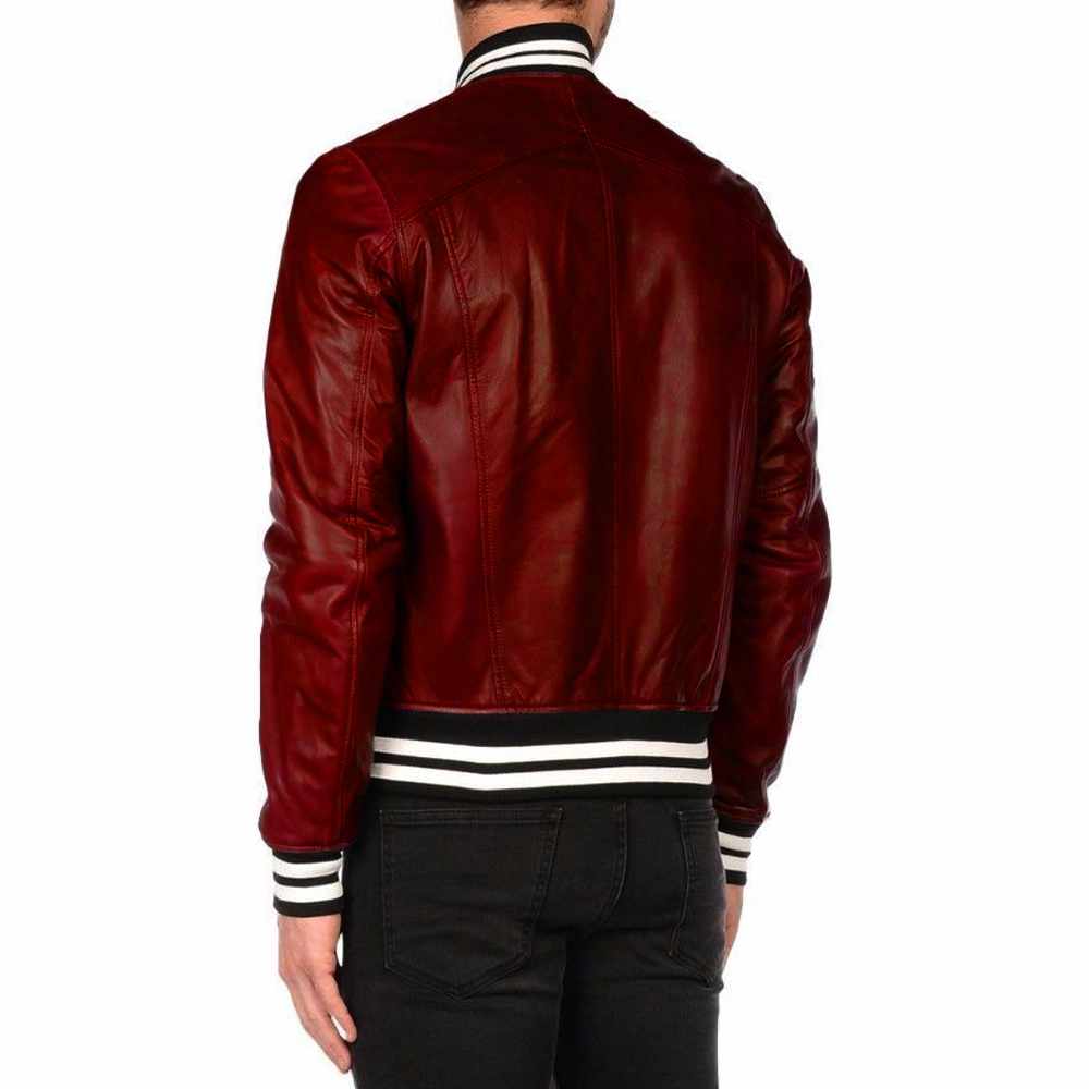 Men’s Varsity Letterman Leather Bomber Jacket in Red Back