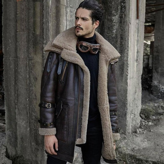 Men's B3 Aviator Flight Jacket Shearling Fur Long Coat