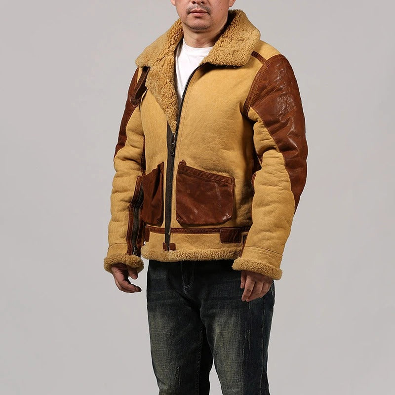 Men's B3 Shearling Fur Casual Leather Bomber Retro Jacket Coat