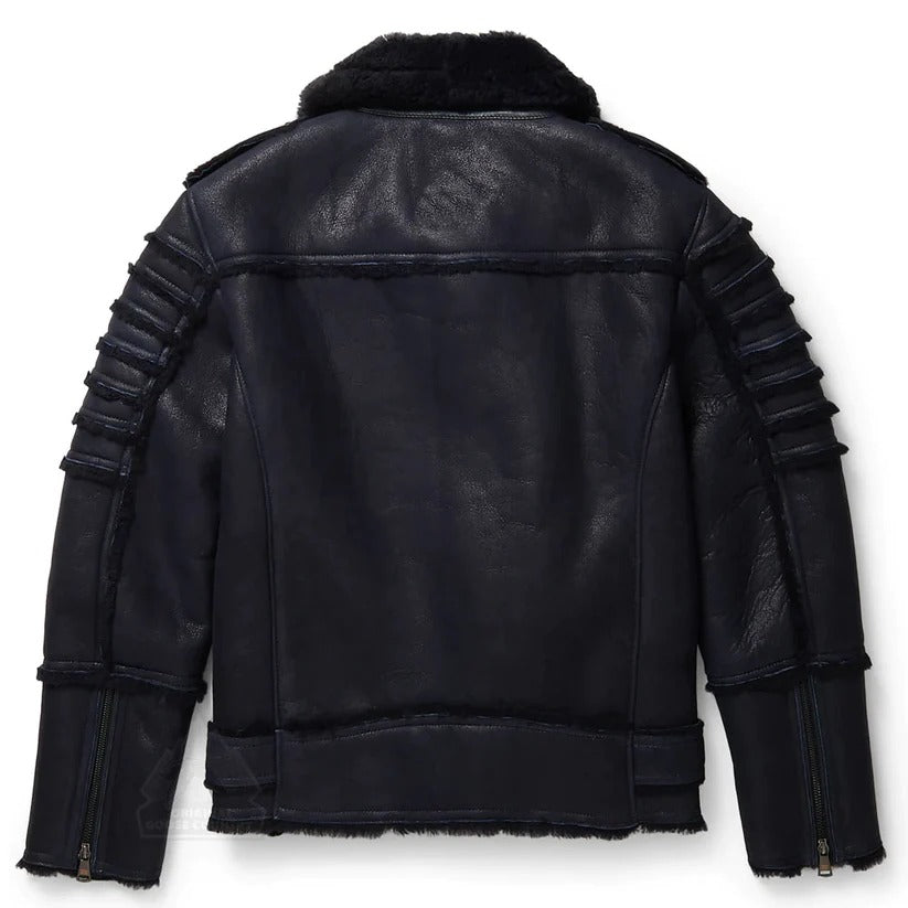 Men's Black Aviator Sheepskin Moto Shearling Leather Jacket