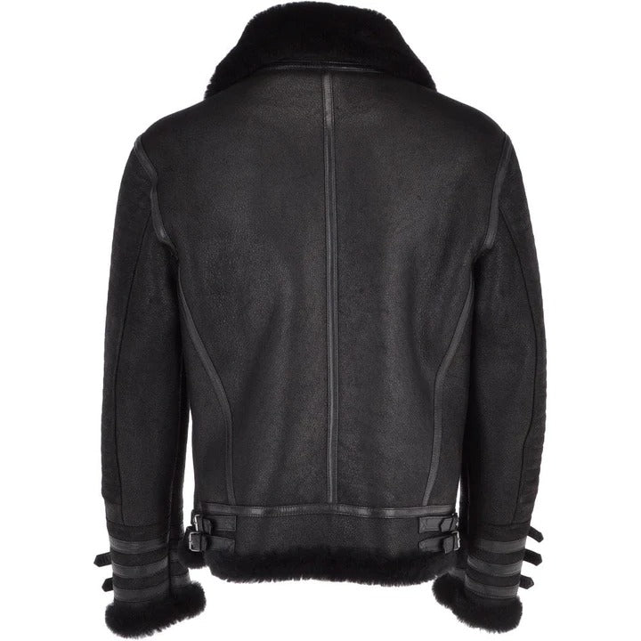 Men's Black Aviator Flight Bomber Shearling Leather Jacket