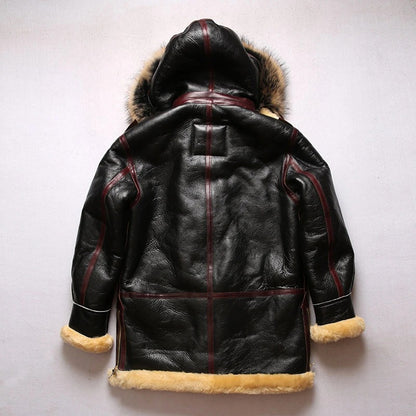 Men's Black B7 Bomber Shearling Sheepskin Long Jacket Coat