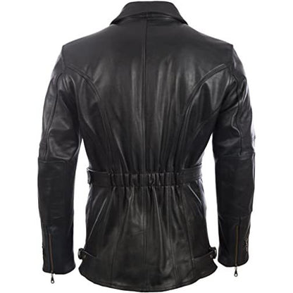 Men's Black Leather Belted Motorcycle Coat
