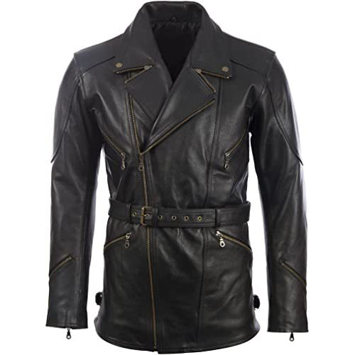 Men's Black Leather Belted Motorcycle Coat