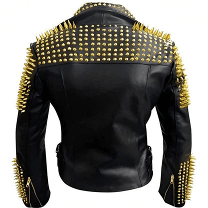 Men's Black Leather Biker Jacket with Gold Studs
